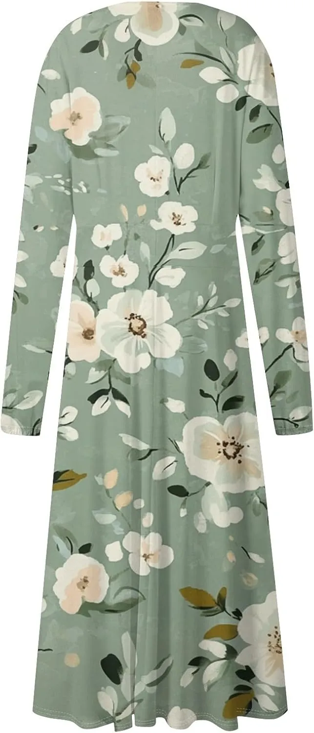 Spring Dresses for Women 2025 Long Sleeve V Neck Midi Cute Summer Vacation Trendy Loose Curvy Dress