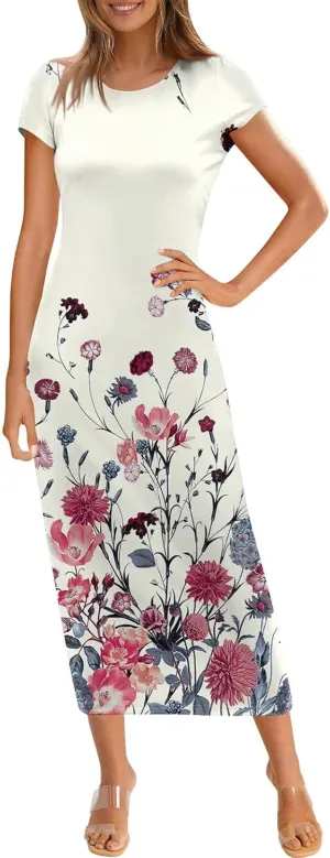 Spring Dresses for Women Short Sleeve Bodycon Evening Party Dress Crewneck Cocktail Formal Wedding Guest Long Dress
