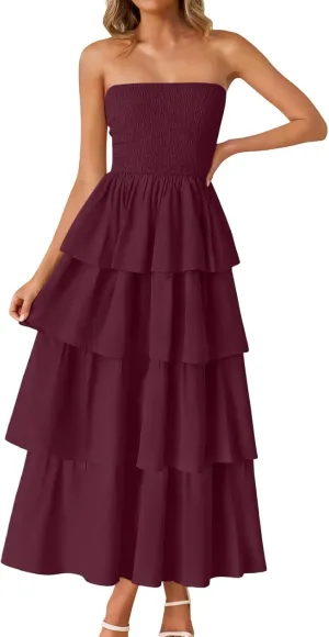 Strapless Prom Dresses for Women Tiered Ruffle A Line Chiffon Casual Long Smocked Tube Beach Vacation Dress