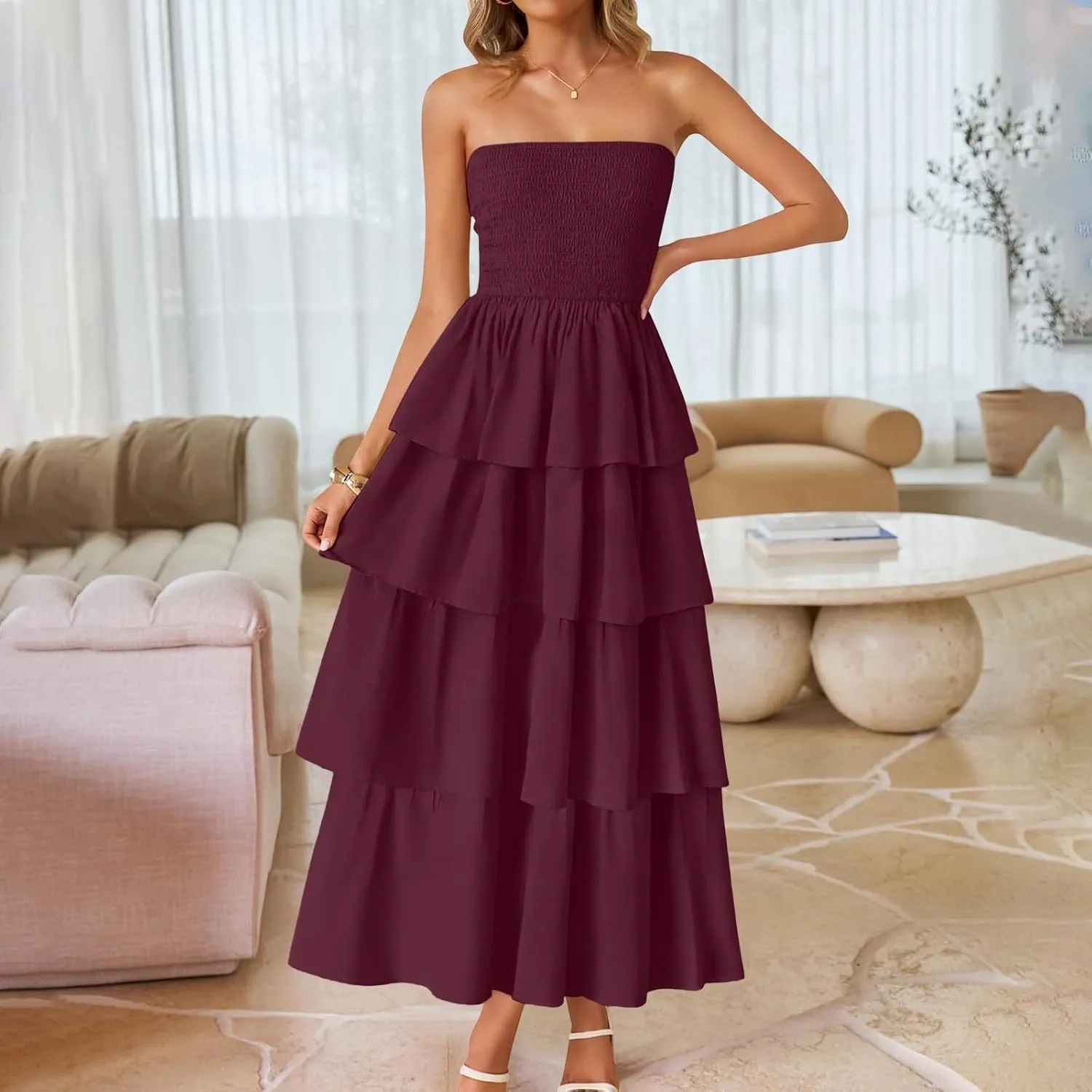 Strapless Prom Dresses for Women Tiered Ruffle A Line Chiffon Casual Long Smocked Tube Beach Vacation Dress