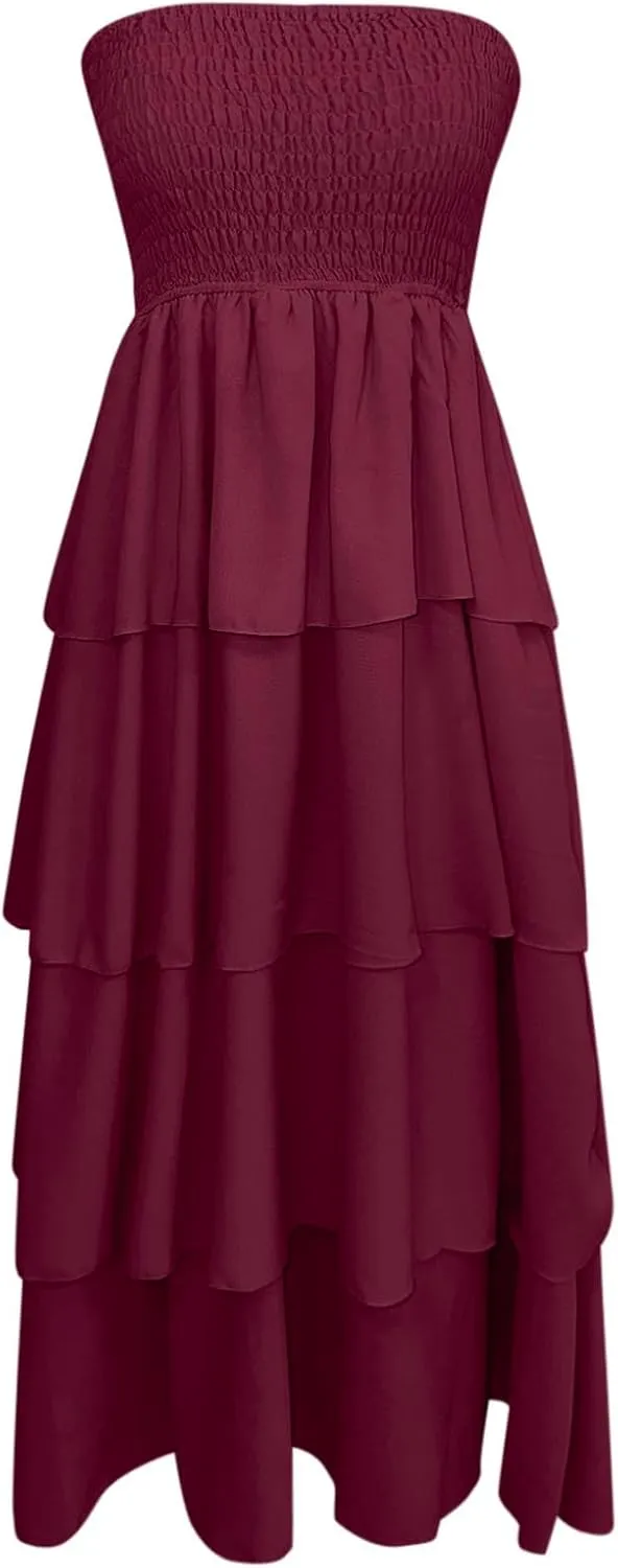Strapless Prom Dresses for Women Tiered Ruffle A Line Chiffon Casual Long Smocked Tube Beach Vacation Dress