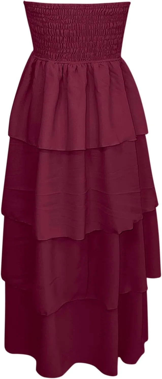 Strapless Prom Dresses for Women Tiered Ruffle A Line Chiffon Casual Long Smocked Tube Beach Vacation Dress