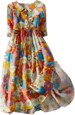 Summer Cotton Linen Dresses for Women 2025 Plus Size 3/4 Sleeve Floral Maxi Dress Elegantes Spring Vacation Dress