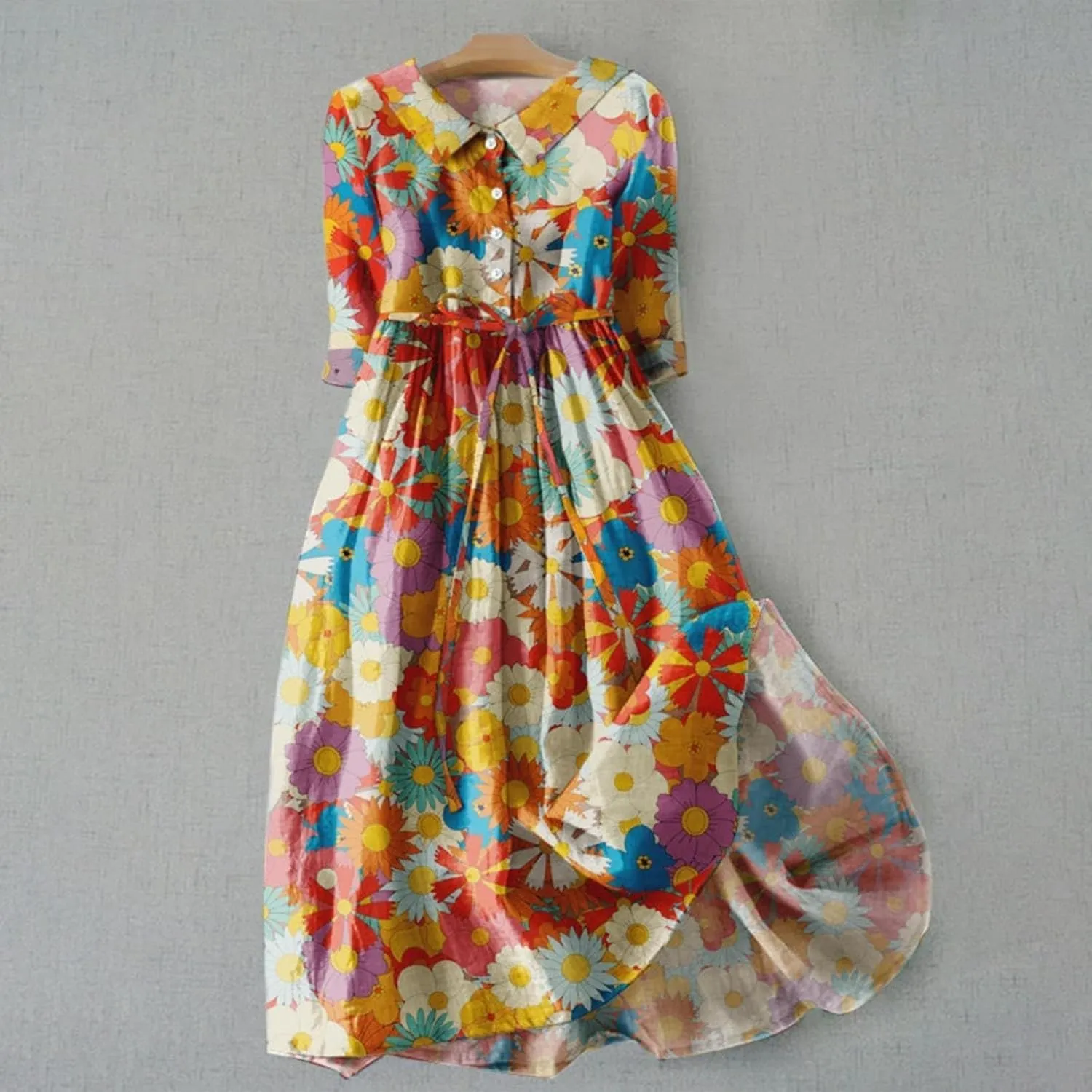 Summer Cotton Linen Dresses for Women 2025 Plus Size 3/4 Sleeve Floral Maxi Dress Elegantes Spring Vacation Dress