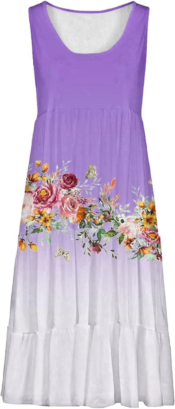 Summer Dress for Women 2025 Floral Graphic A-Line Sundress Sleeveless Flowy Beach Vacation Boho Midi Dresses