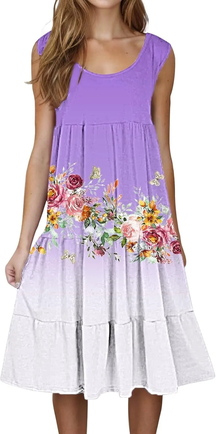 Summer Dress for Women 2025 Floral Graphic A-Line Sundress Sleeveless Flowy Beach Vacation Boho Midi Dresses