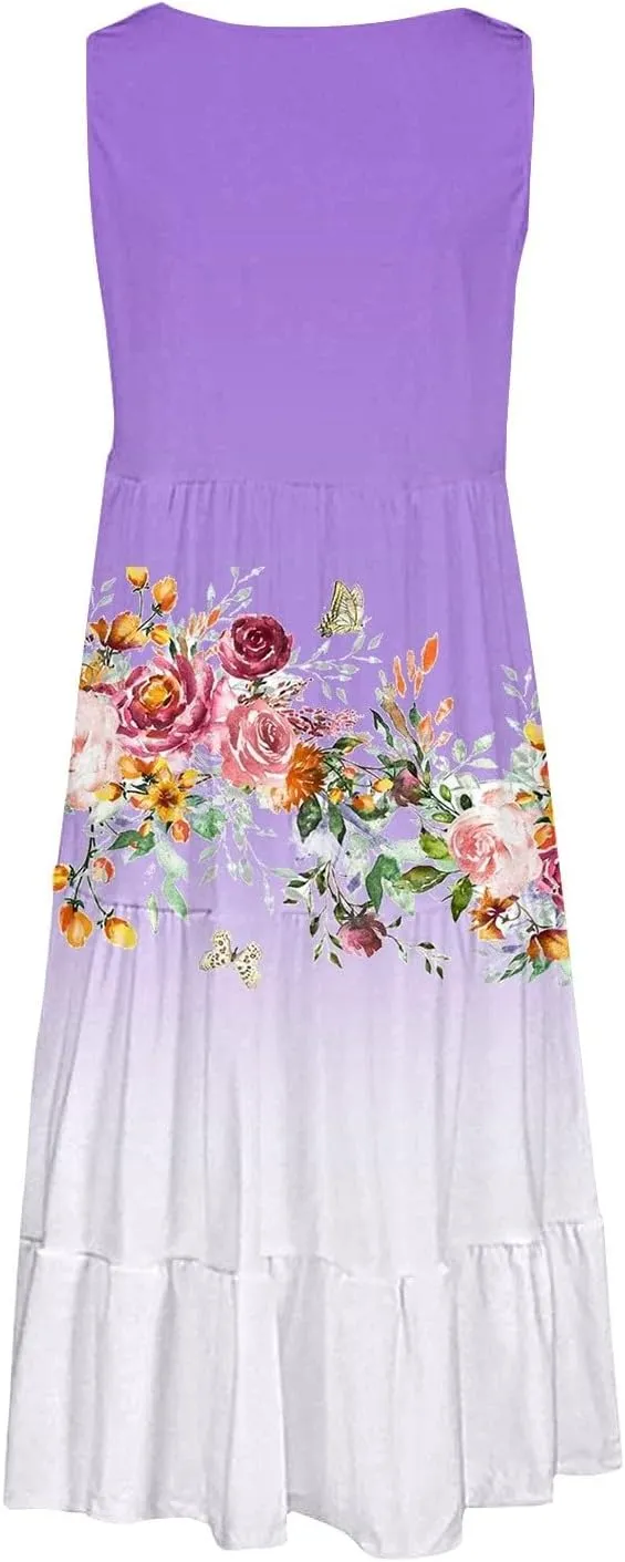 Summer Dress for Women 2025 Floral Graphic A-Line Sundress Sleeveless Flowy Beach Vacation Boho Midi Dresses