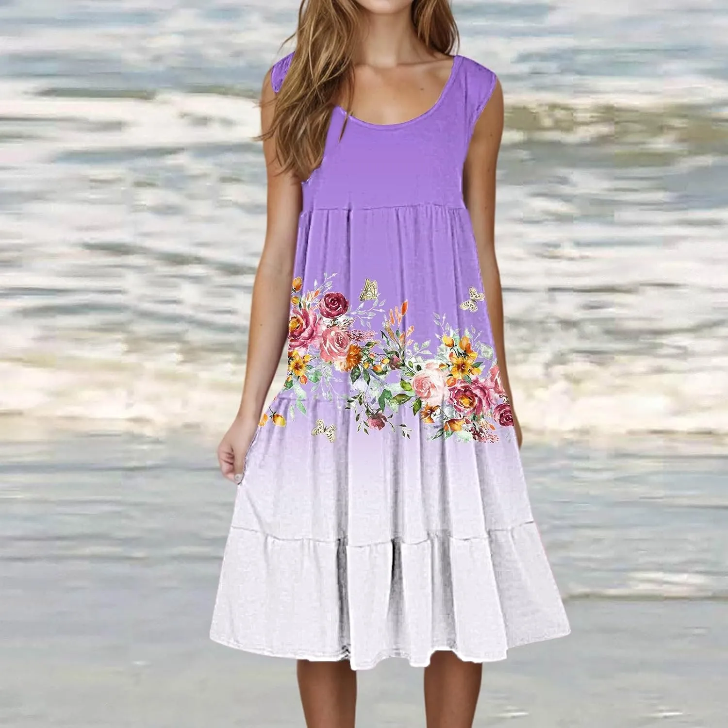 Summer Dress for Women 2025 Floral Graphic A-Line Sundress Sleeveless Flowy Beach Vacation Boho Midi Dresses
