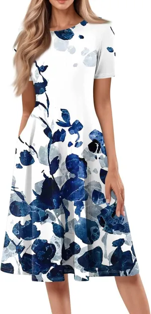 Summer Dresses 2025 Vintage Floral Short Sleeve Round Neck Elegant Pleated with Side Pockets A-Line Midi Sundresses
