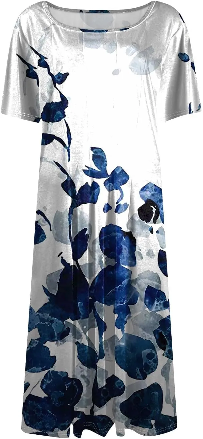 Summer Dresses 2025 Vintage Floral Short Sleeve Round Neck Elegant Pleated with Side Pockets A-Line Midi Sundresses