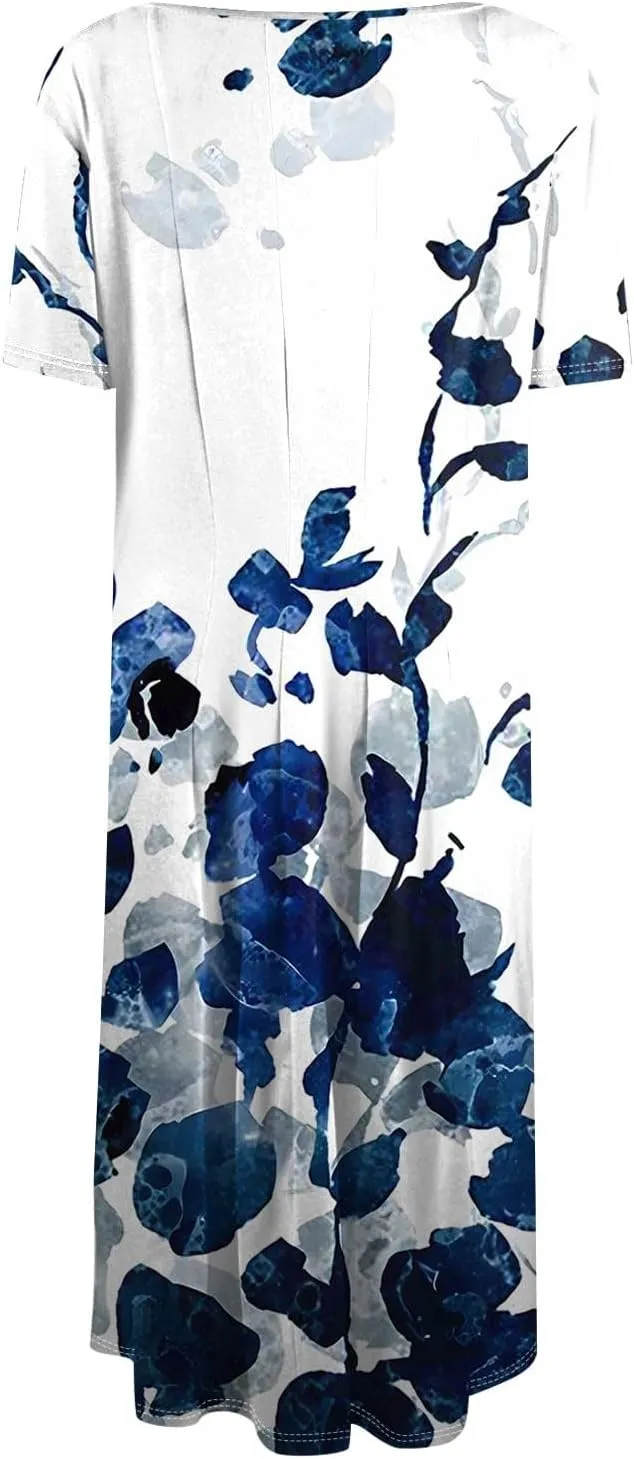 Summer Dresses 2025 Vintage Floral Short Sleeve Round Neck Elegant Pleated with Side Pockets A-Line Midi Sundresses