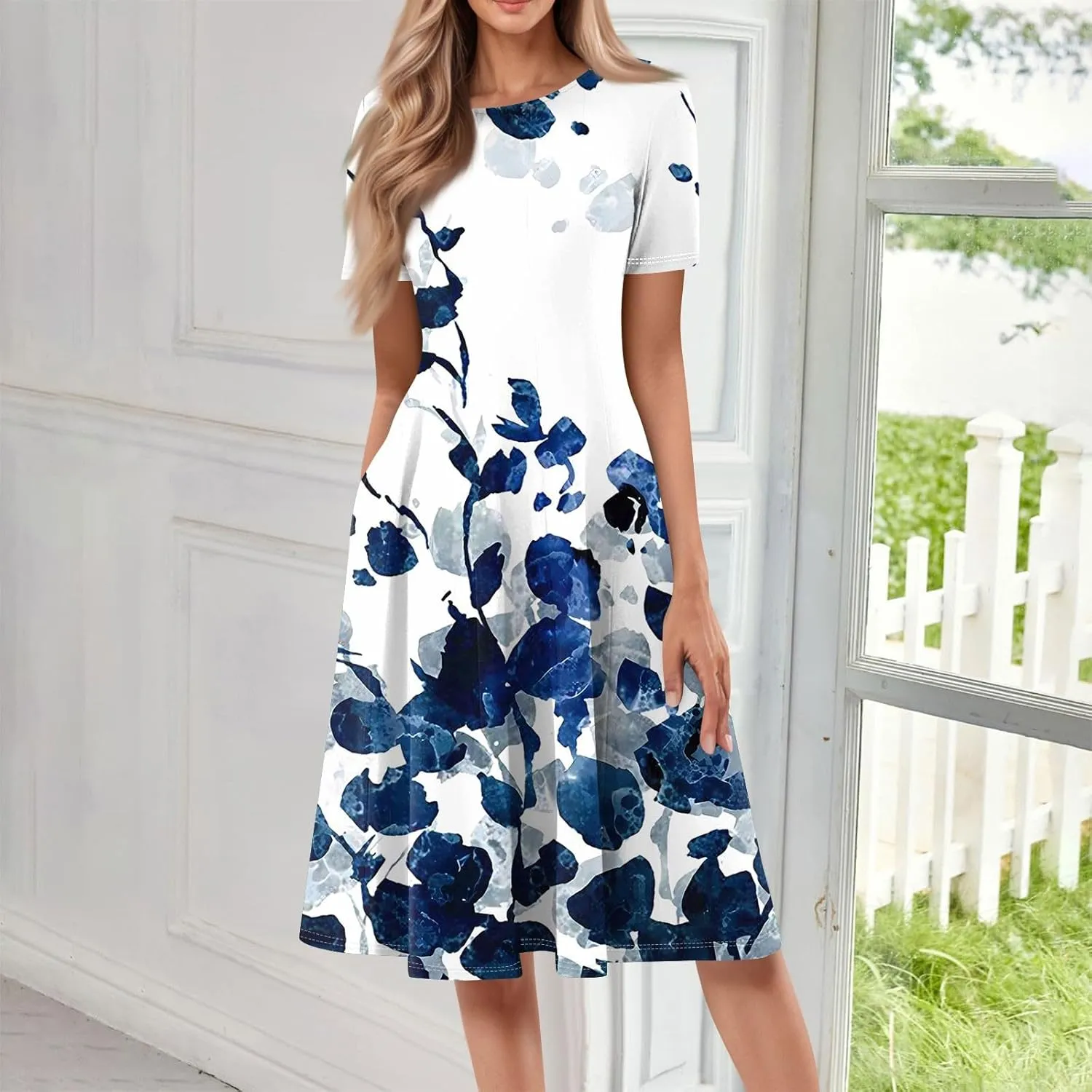 Summer Dresses 2025 Vintage Floral Short Sleeve Round Neck Elegant Pleated with Side Pockets A-Line Midi Sundresses