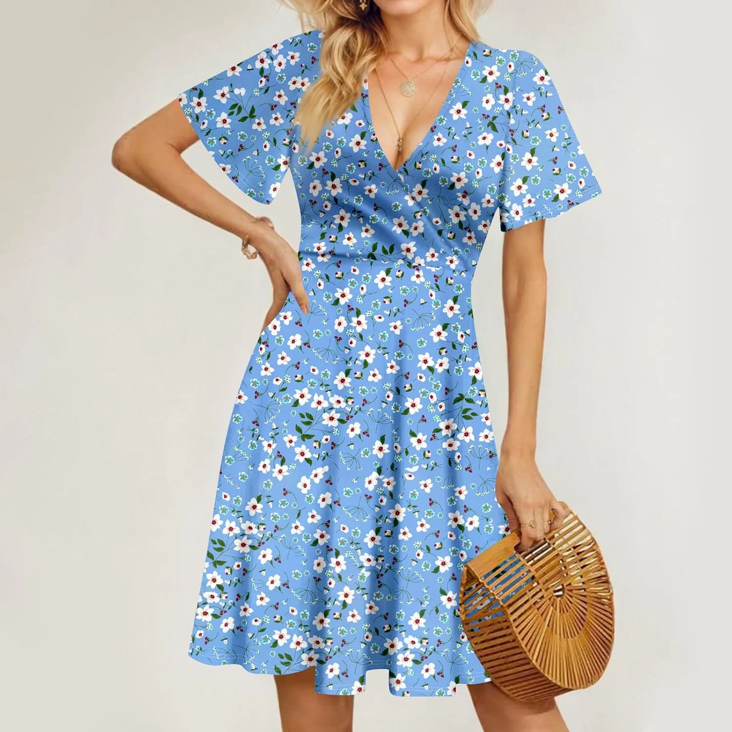 Summer Dresses for Women 2025 Casual Boho Sundress Loose V Neck Beach Vacation midi Dresses with Pockets
