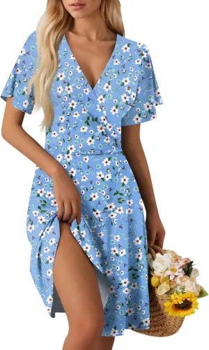 Summer Dresses for Women 2025 Casual Boho Sundress Loose V Neck Beach Vacation midi Dresses with Pockets