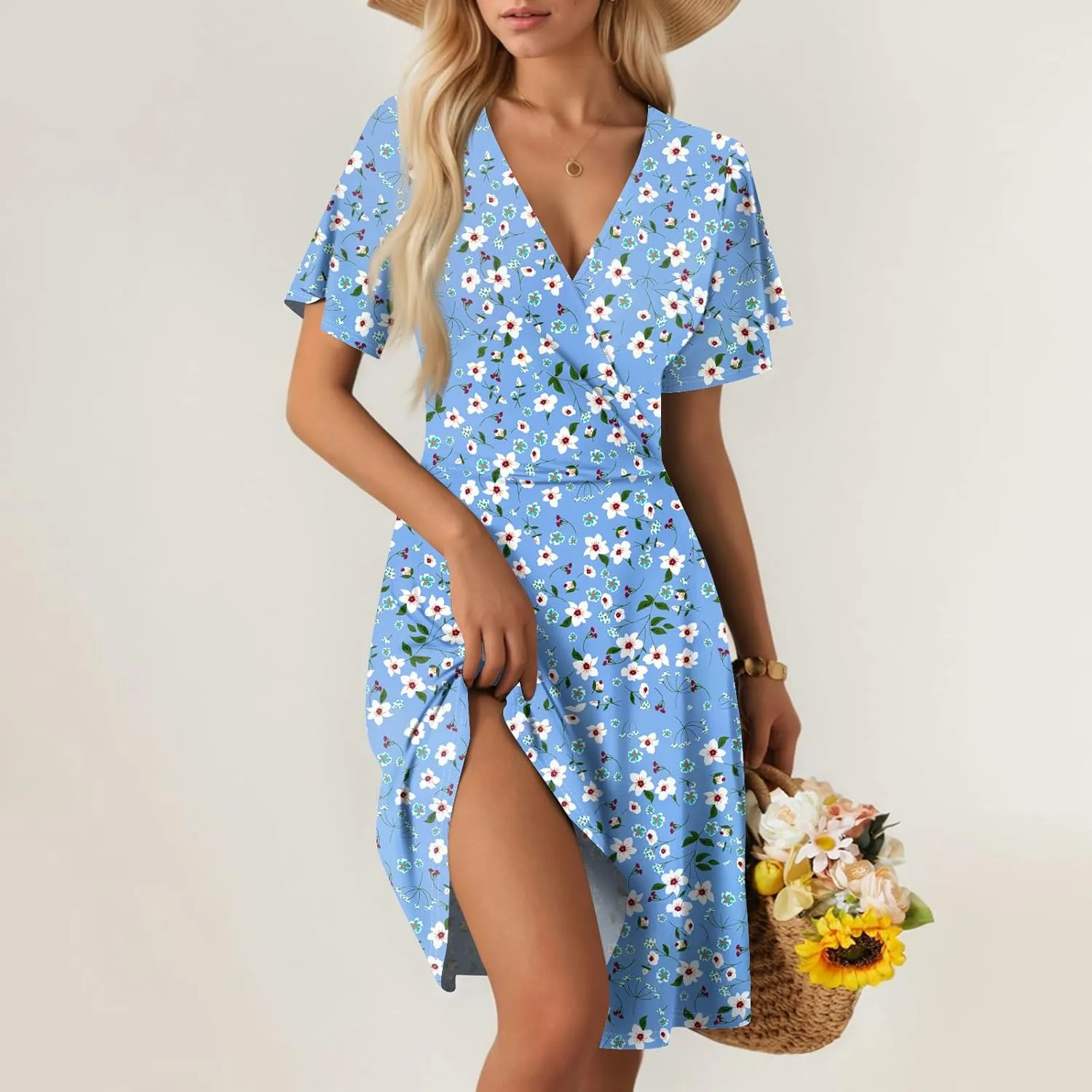 Summer Dresses for Women 2025 Casual Boho Sundress Loose V Neck Beach Vacation midi Dresses with Pockets