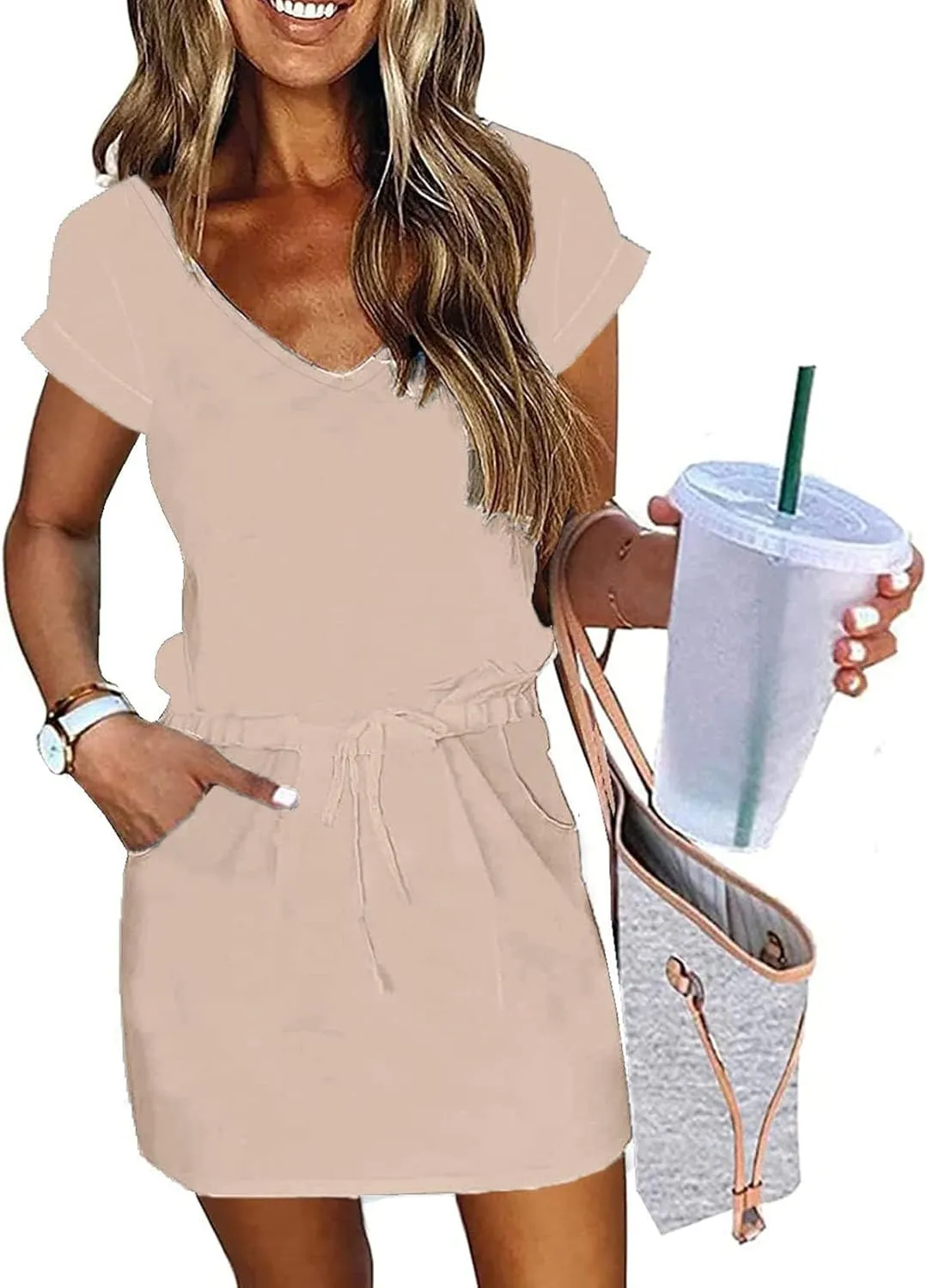 Summer Dresses for Women 2025 Casual V-Neck Short Sleeve Sundress Ladies Fashion Work Mini Dresses with Pockets