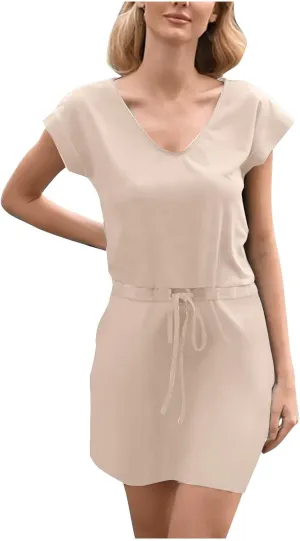 Summer Dresses for Women 2025 Casual V-Neck Short Sleeve Sundress Ladies Fashion Work Mini Dresses with Pockets