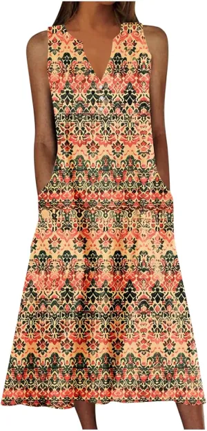 Summer Dresses for Women 2025 Floral Print V Neck Maxi Dress Sleeveless Boho Beach Vacation Sundress Resort Wear