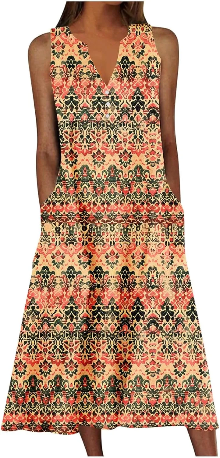 Summer Dresses for Women 2025 Floral Print V Neck Maxi Dress Sleeveless Boho Beach Vacation Sundress Resort Wear