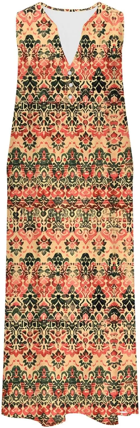 Summer Dresses for Women 2025 Floral Print V Neck Maxi Dress Sleeveless Boho Beach Vacation Sundress Resort Wear
