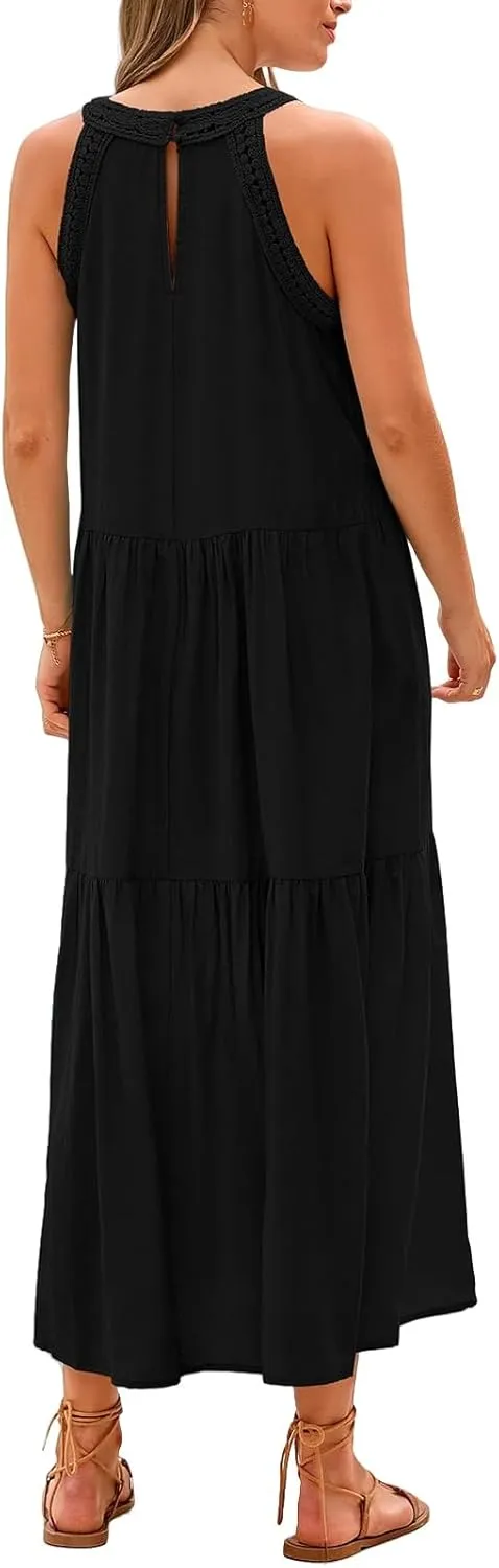 Summer Dresses for Women 2025 Halter Sundress Sleeveless Hollow Out Mini Dress A-Line Tiered Swing Beach Dresses
