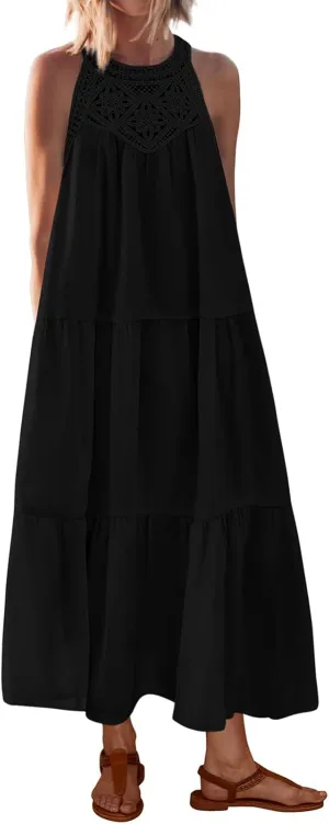 Summer Dresses for Women 2025 Halter Sundress Sleeveless Hollow Out Mini Dress A-Line Tiered Swing Beach Dresses