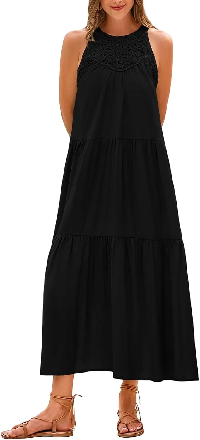 Summer Dresses for Women 2025 Halter Sundress Sleeveless Hollow Out Mini Dress A-Line Tiered Swing Beach Dresses
