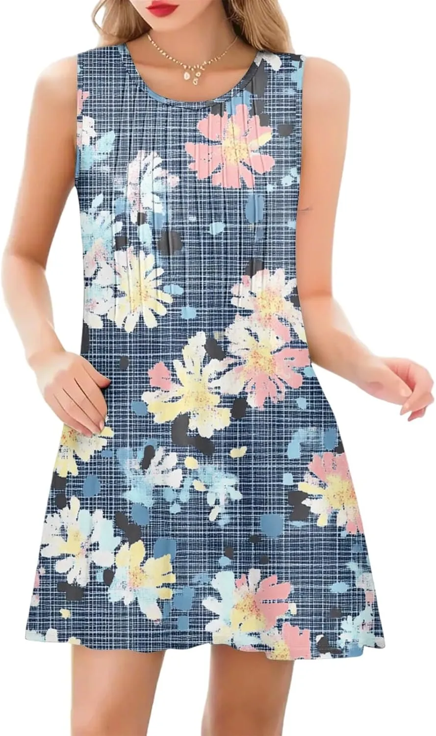 Summer Dresses for Women 2025 Loose Beach Vacation Sleeveless Crewneck Sundresses Print Casual Tank Dress with Pockets