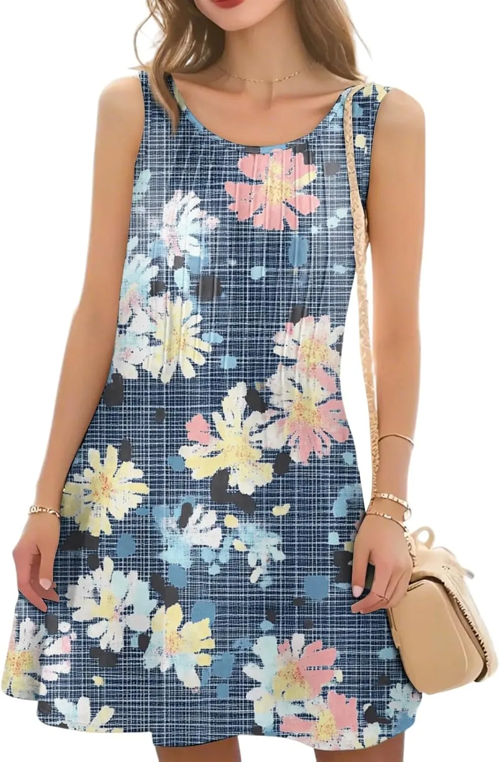 Summer Dresses for Women 2025 Loose Beach Vacation Sleeveless Crewneck Sundresses Print Casual Tank Dress with Pockets