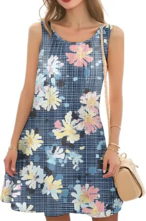 Summer Dresses for Women 2025 Loose Beach Vacation Sleeveless Crewneck Sundresses Print Casual Tank Dress with Pockets