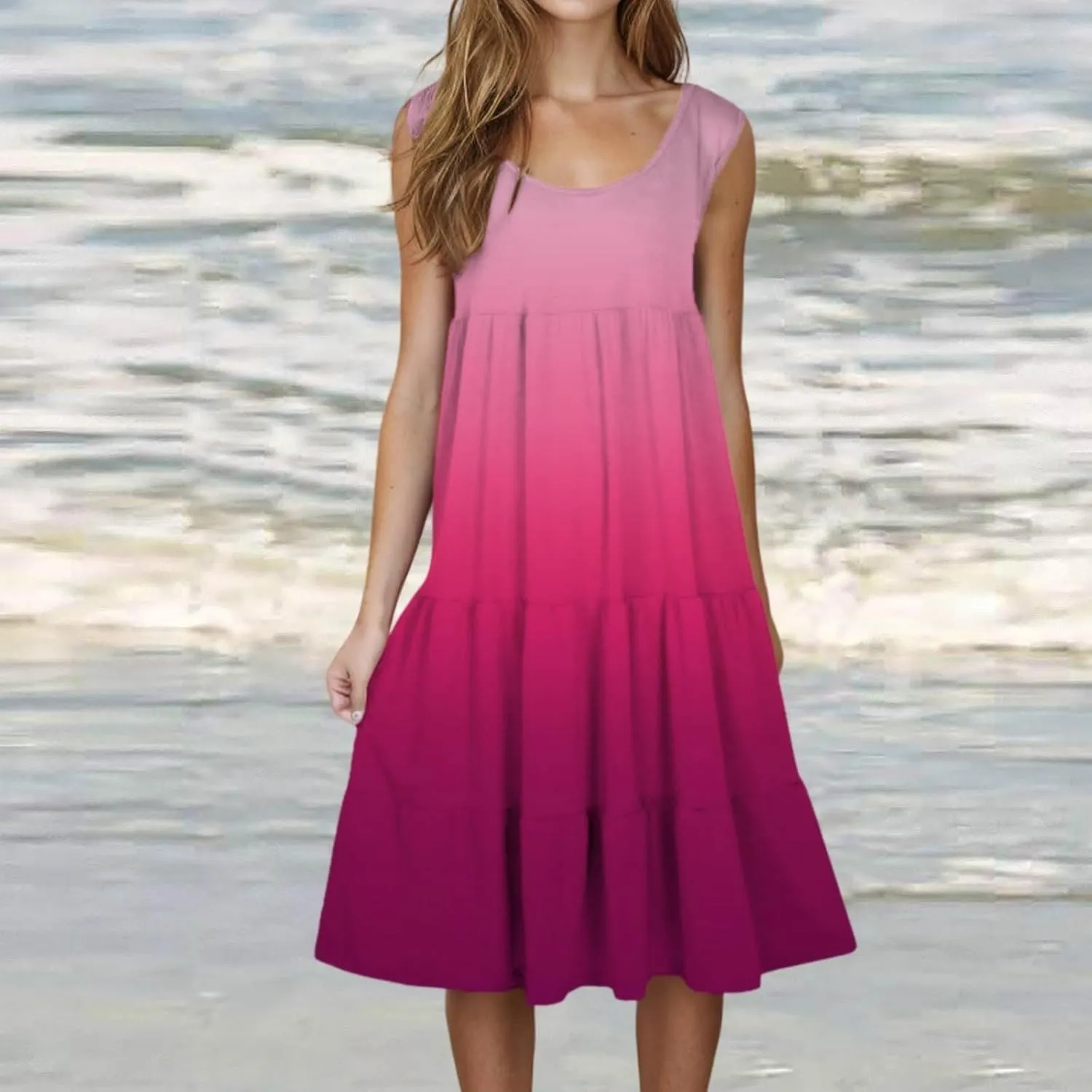 Summer Dresses for Women 2025 Loose Crew Neck Sleeveless Casual Sundresses Loose Holiday Vacation Midi Dress