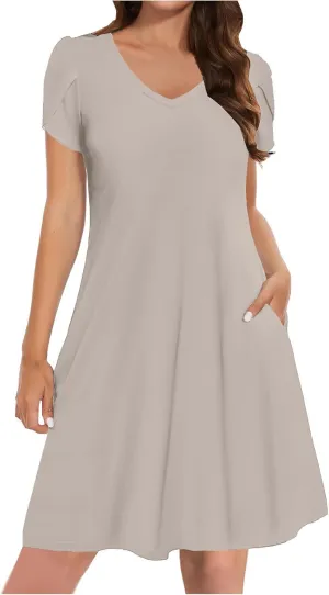 Summer Dresses for Women 2025 Short Sleeve V Neck Midi Dress Boho Beach Sundress Solid Color Casual Dress