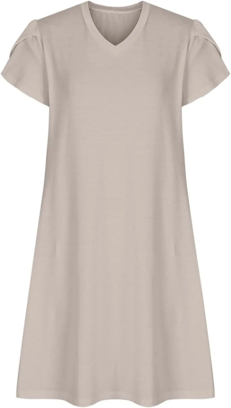 Summer Dresses for Women 2025 Short Sleeve V Neck Midi Dress Boho Beach Sundress Solid Color Casual Dress