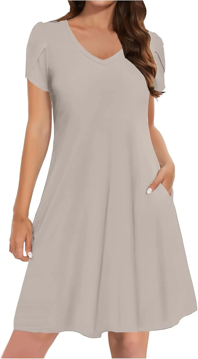 Summer Dresses for Women 2025 Short Sleeve V Neck Midi Dress Boho Beach Sundress Solid Color Casual Dress