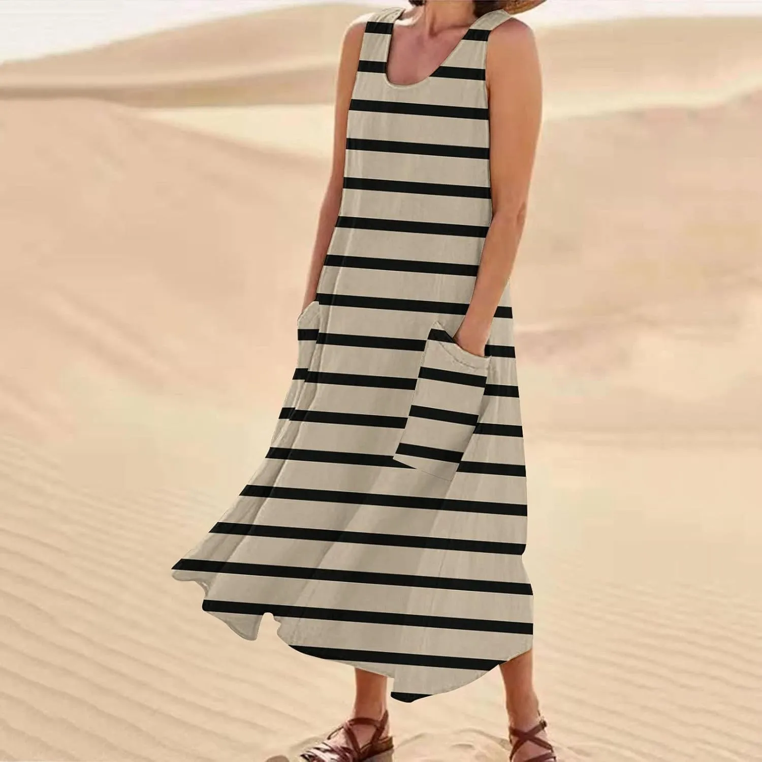 Summer Dresses for Women 2025 Sleeveless Crew Neck Maxi Dress Casual Vacation Sundress Beach Flowy Dress