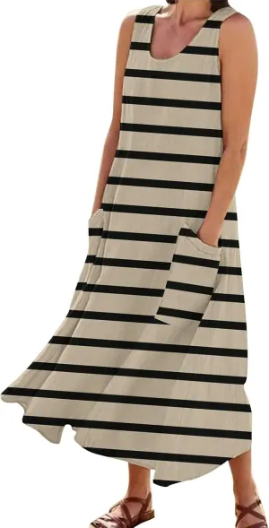 Summer Dresses for Women 2025 Sleeveless Crew Neck Maxi Dress Casual Vacation Sundress Beach Flowy Dress