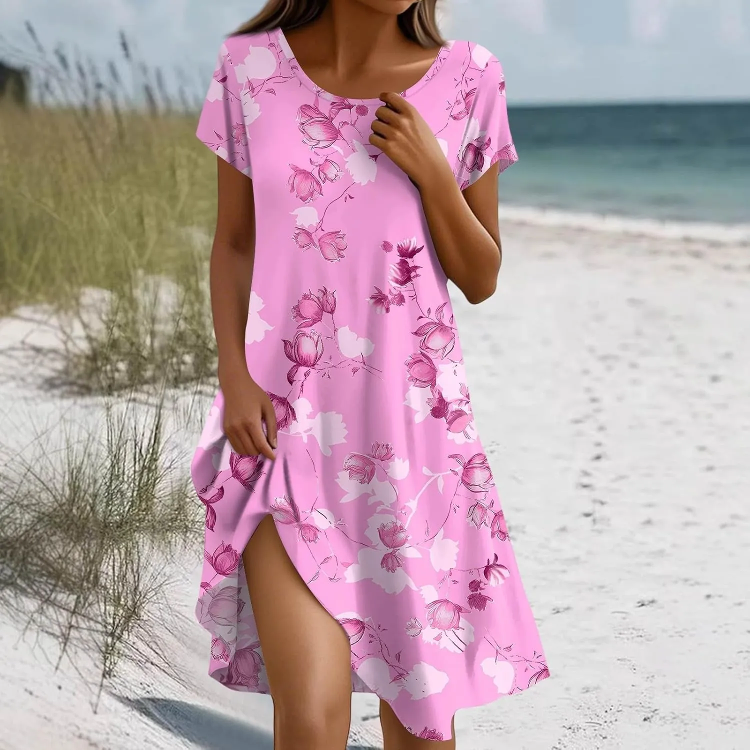 Summer Dresses for Women 2025 Trendy Short Sleeve Round-Neck Floral Print Loose Beach Resort Mini Sundress, S-2Xl