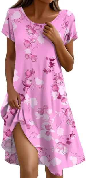 Summer Dresses for Women 2025 Trendy Short Sleeve Round-Neck Floral Print Loose Beach Resort Mini Sundress, S-2Xl