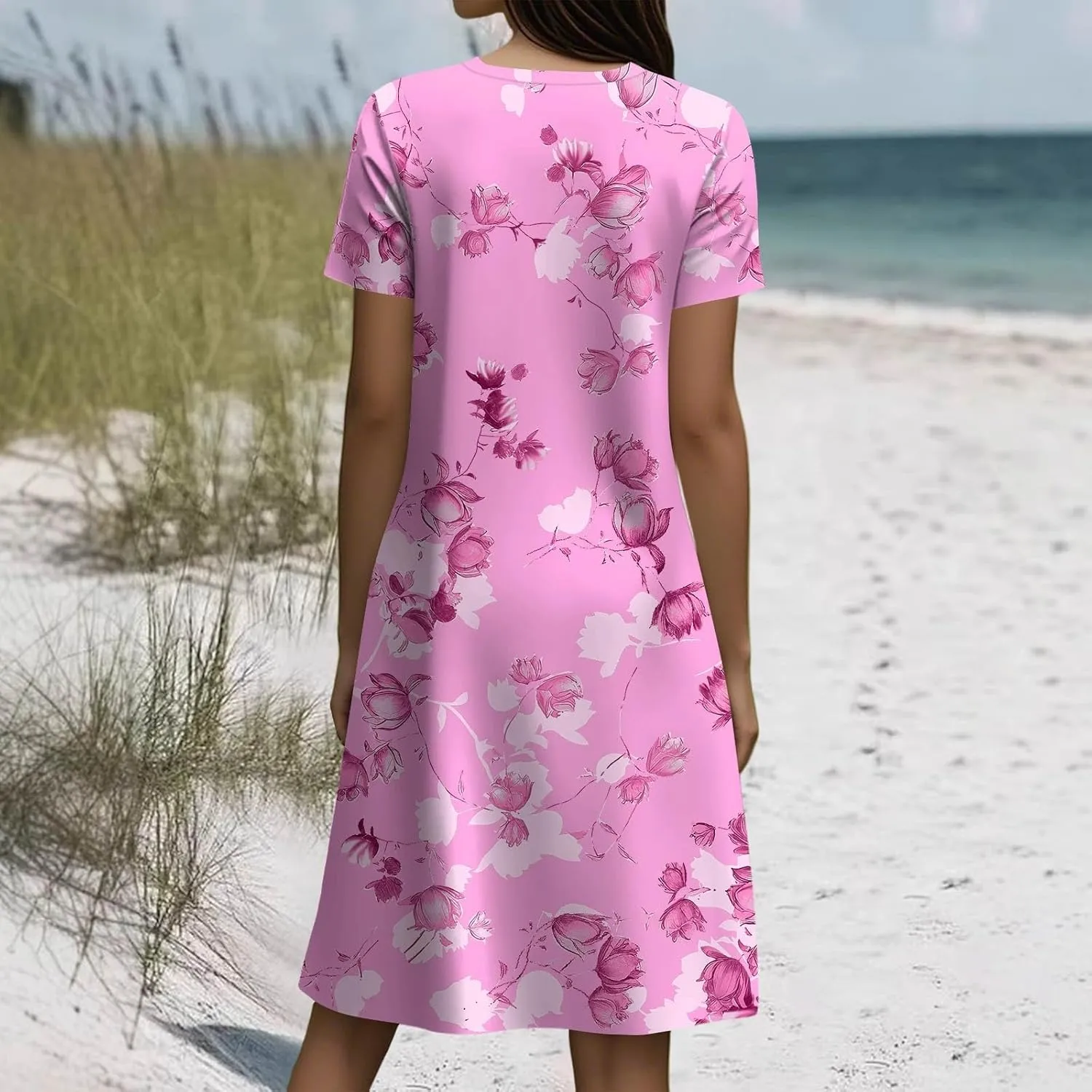 Summer Dresses for Women 2025 Trendy Short Sleeve Round-Neck Floral Print Loose Beach Resort Mini Sundress, S-2Xl