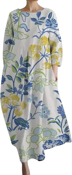 Summer Dresses for Women 2025 Women's Spring Summer Dress Boho Maxi Plus Size Dresses Floral Print 3/4 Sleeve Dress