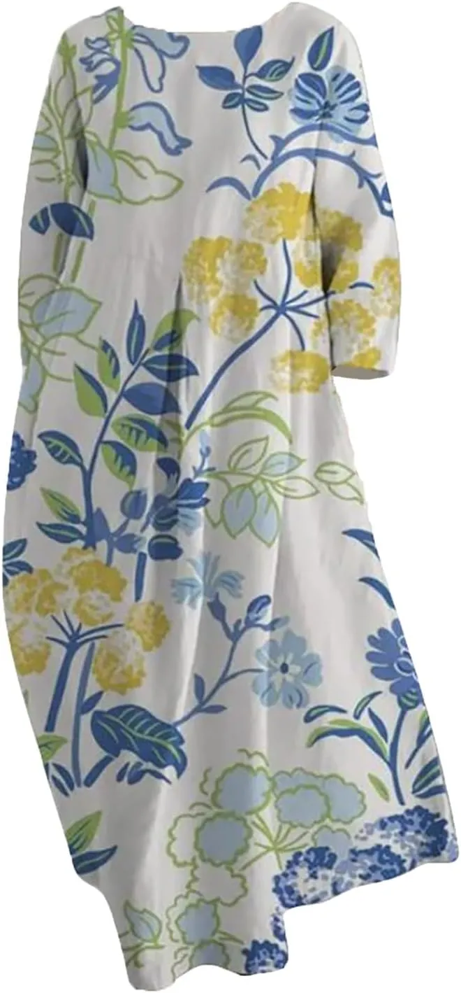 Summer Dresses for Women 2025 Women's Spring Summer Dress Boho Maxi Plus Size Dresses Floral Print 3/4 Sleeve Dress