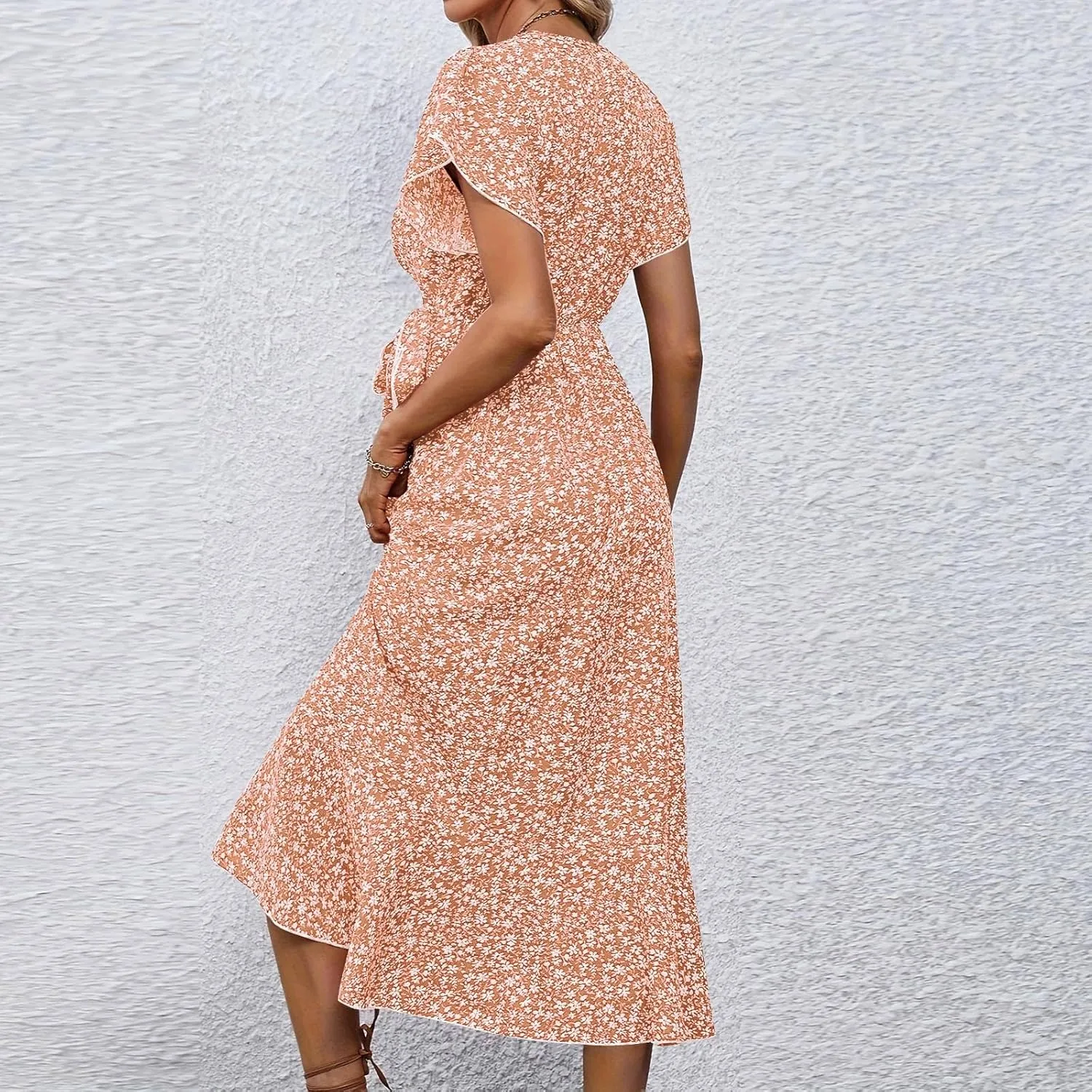 Summer Dresses for Women 2025,Womens Wrap V Neck Casual Dresses Floral Short Sleeve A-Line Ruffle Midi Sundress