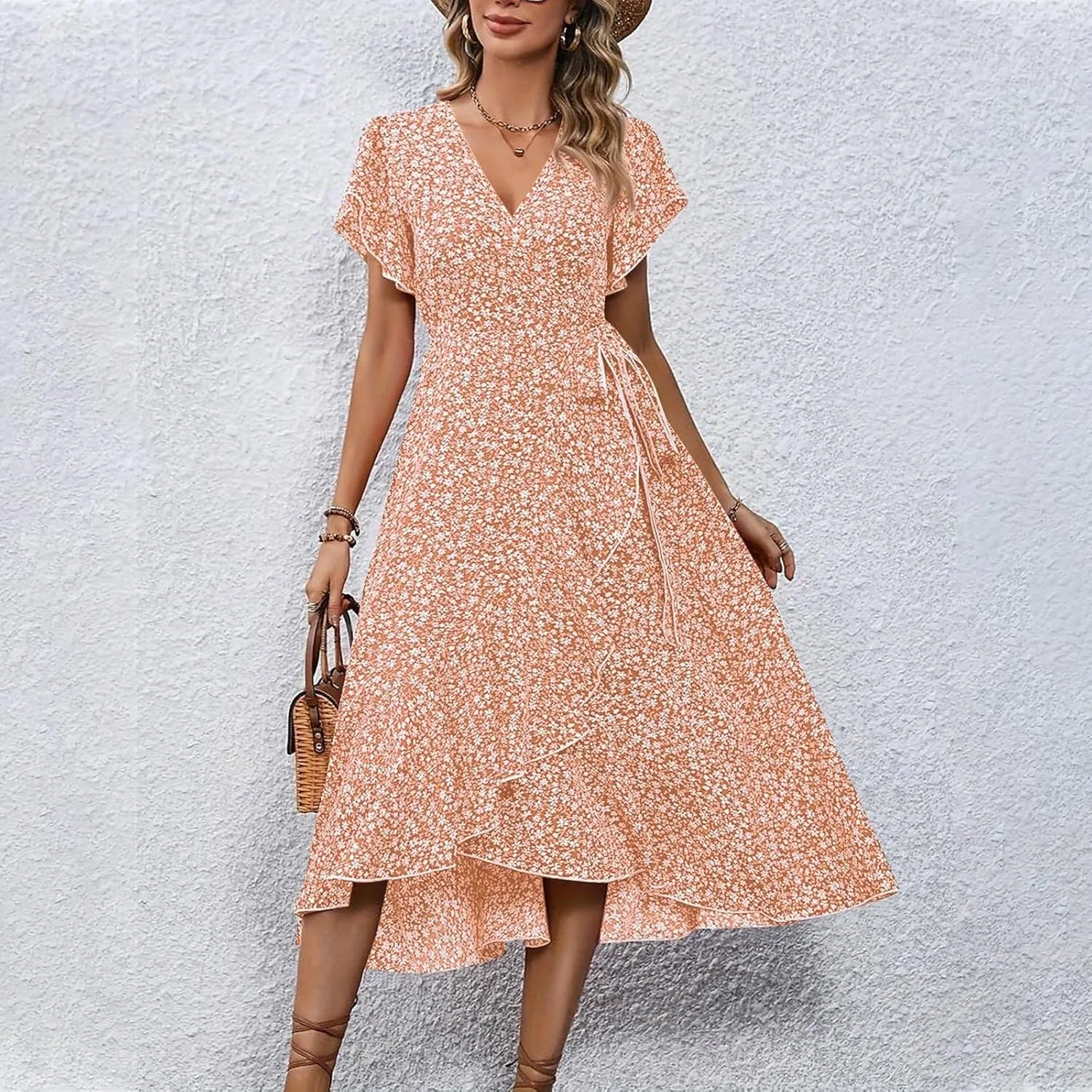 Summer Dresses for Women 2025,Womens Wrap V Neck Casual Dresses Floral Short Sleeve A-Line Ruffle Midi Sundress