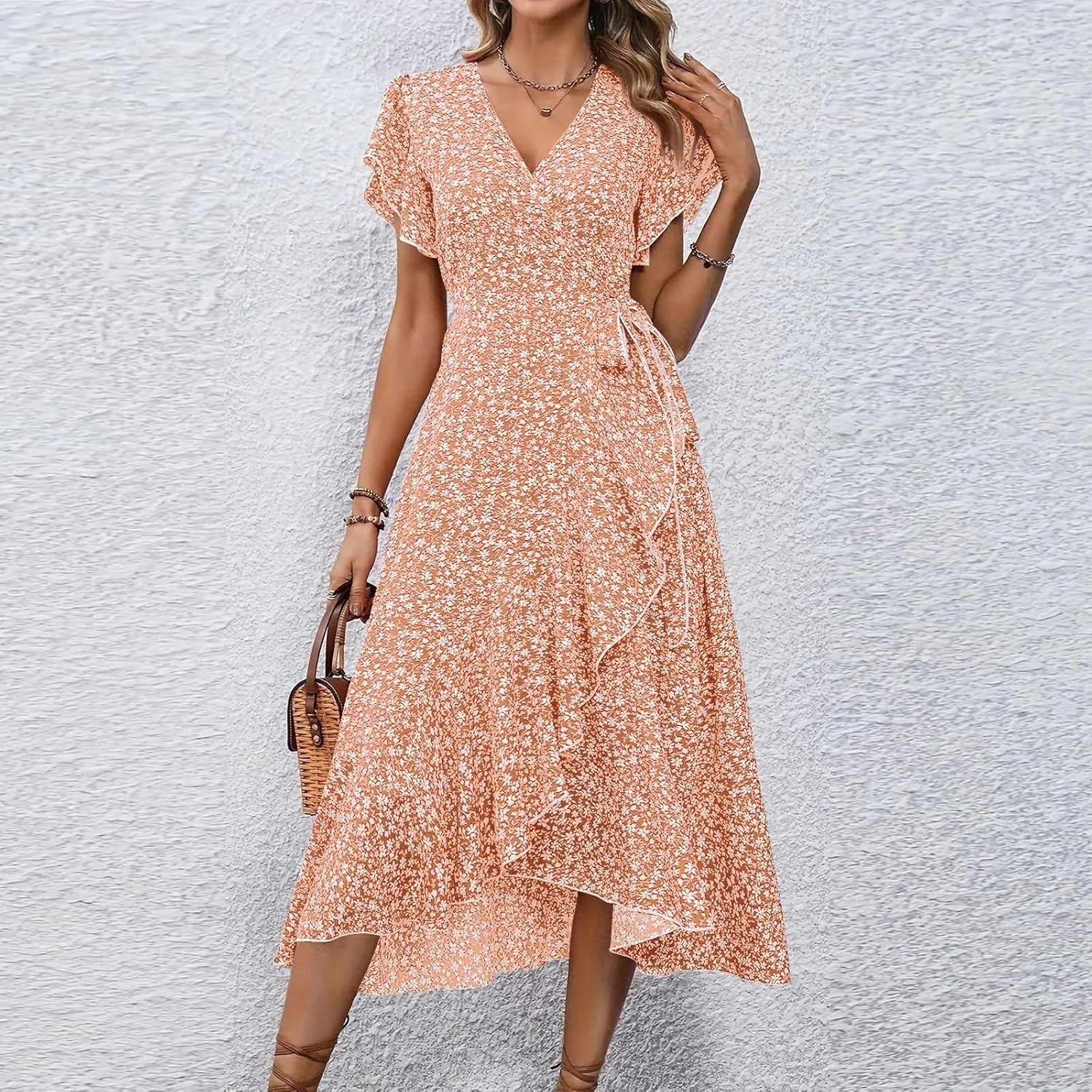 Summer Dresses for Women 2025,Womens Wrap V Neck Casual Dresses Floral Short Sleeve A-Line Ruffle Midi Sundress