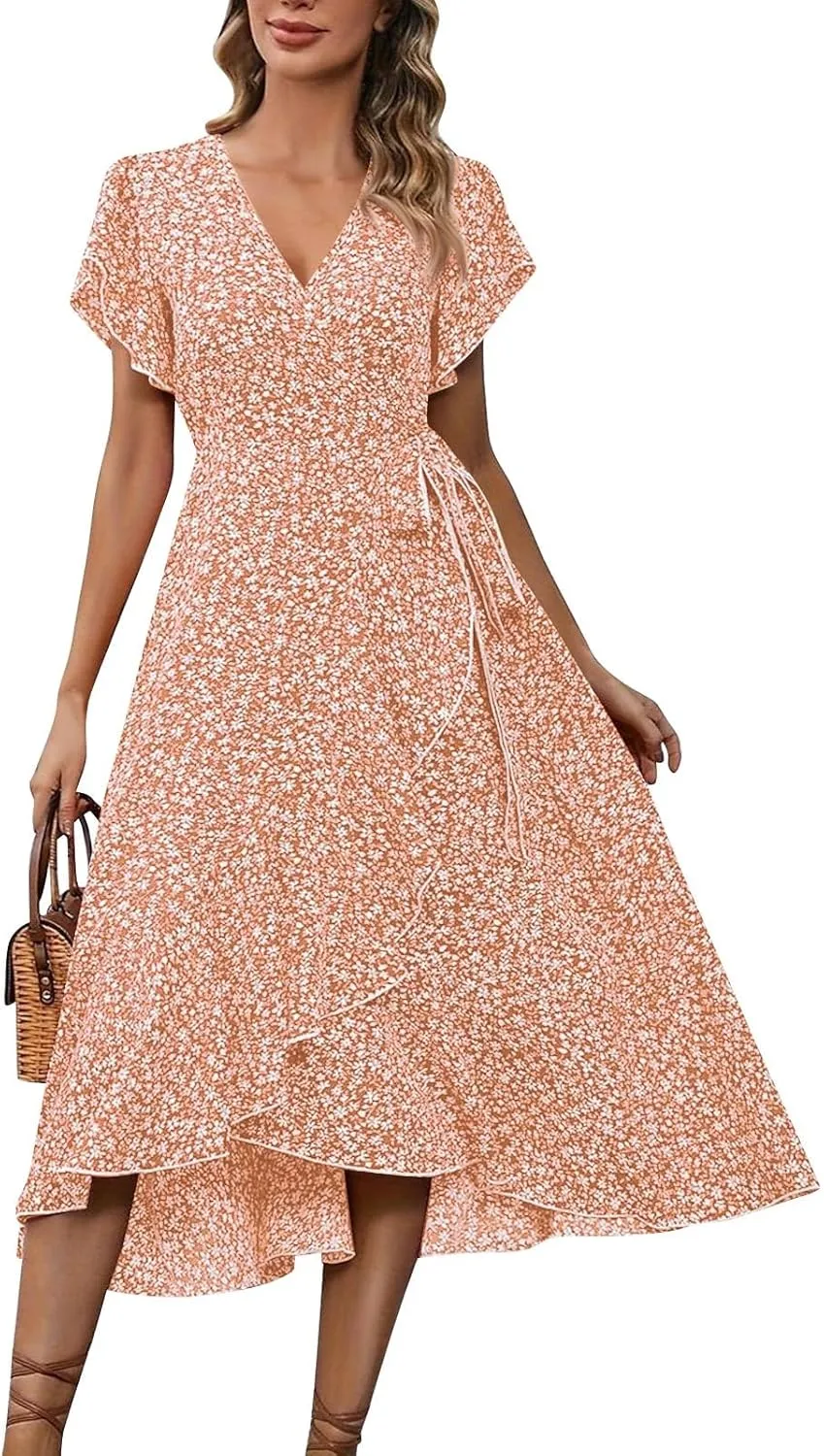Summer Dresses for Women 2025,Womens Wrap V Neck Casual Dresses Floral Short Sleeve A-Line Ruffle Midi Sundress