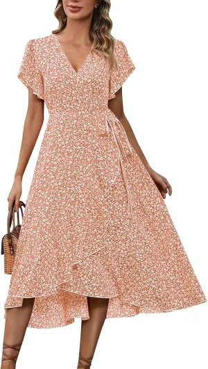 Summer Dresses for Women 2025,Womens Wrap V Neck Casual Dresses Floral Short Sleeve A-Line Ruffle Midi Sundress