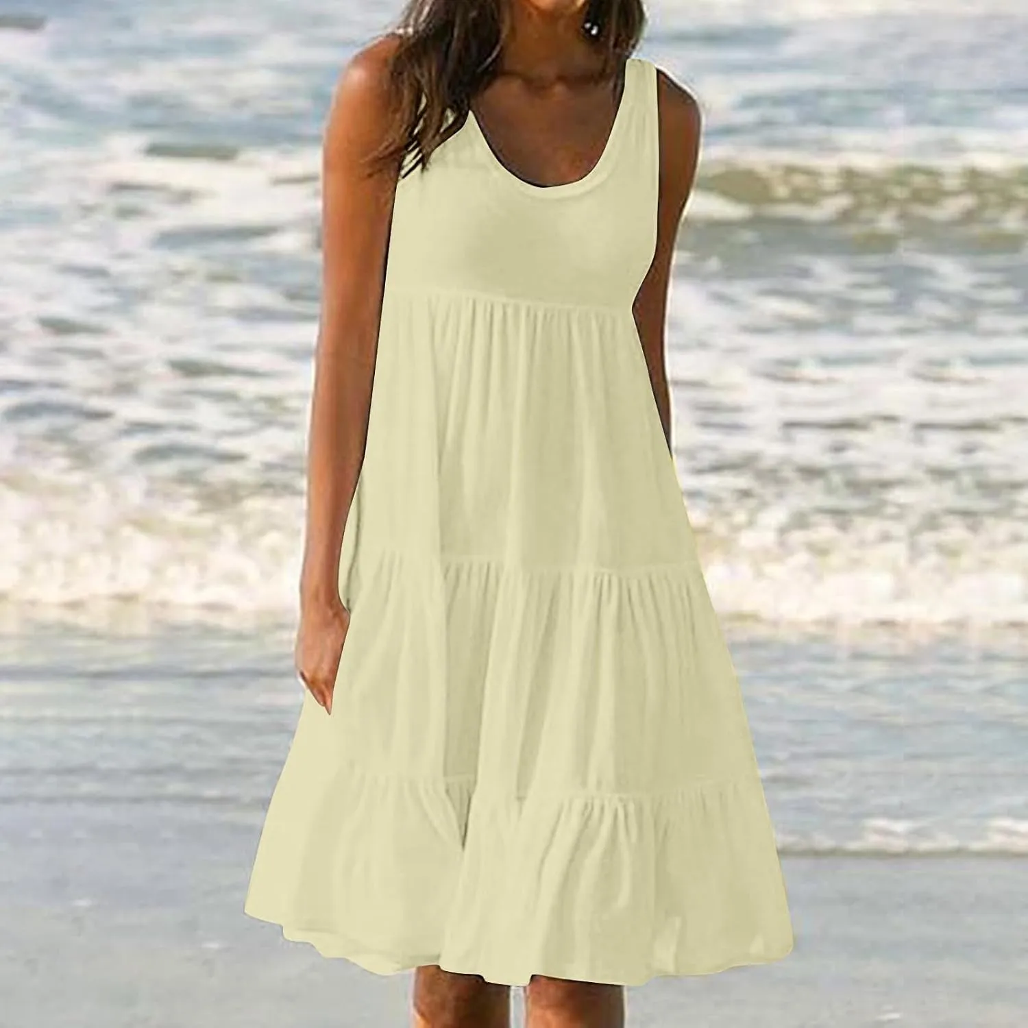 Summer Dresses for Women Casual Vacation Sexy Sleeveless Beach Dress Crewneck Splicing Boho Flowy Cute Sundresses