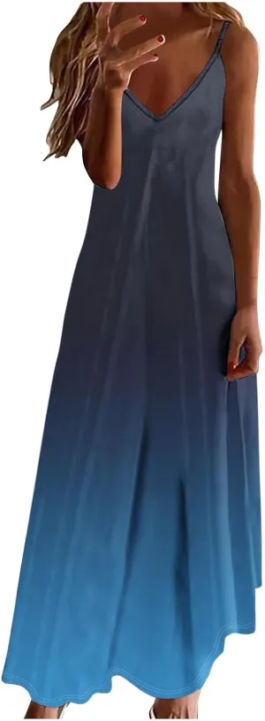 Summer Dresses for Women Sexy Sling V-Neck Sundress Trendy Gradient Color Beach Vacation Casual Maxi Dress