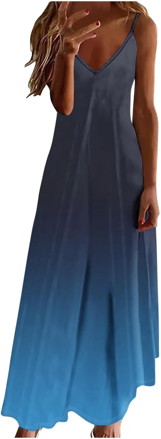 Summer Dresses for Women Sexy Sling V-Neck Sundress Trendy Gradient Color Beach Vacation Casual Maxi Dress