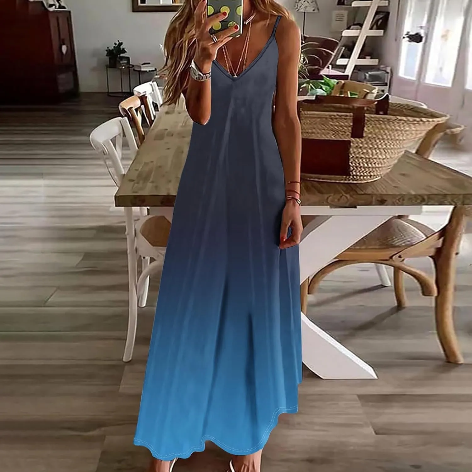 Summer Dresses for Women Sexy Sling V-Neck Sundress Trendy Gradient Color Beach Vacation Casual Maxi Dress